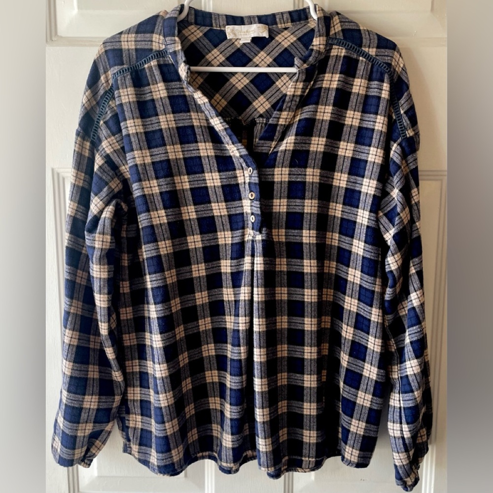 Weekend Suzanne Betro Navy Blue Beige Plaid Pullover Smock Flannel Blouse 1X